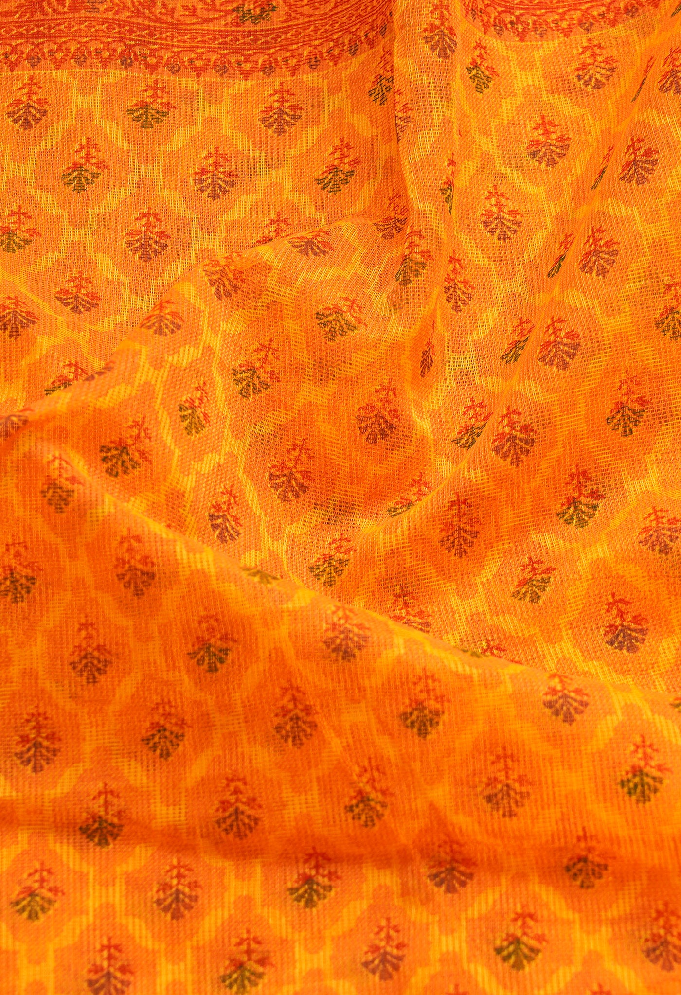 Orange  Block Printed Supernet Saree-UNM66349