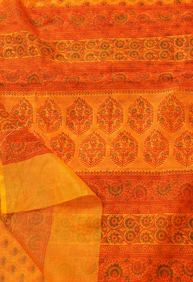 Orange  Block Printed Supernet Saree-UNM66349