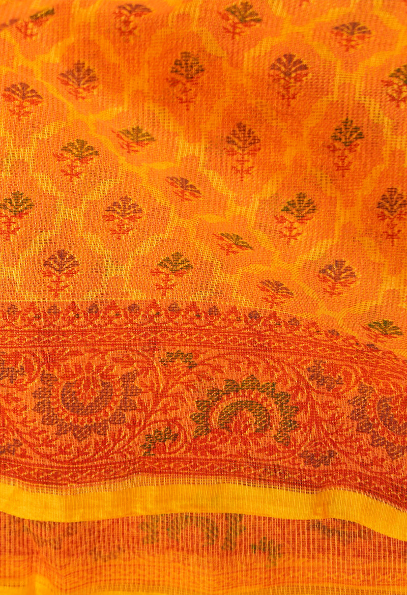 Orange  Block Printed Supernet Saree-UNM66349