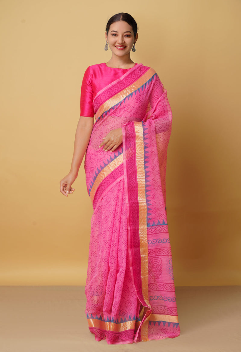 Pink Pure Block Printed Kota Cotton Saree-UNM66358