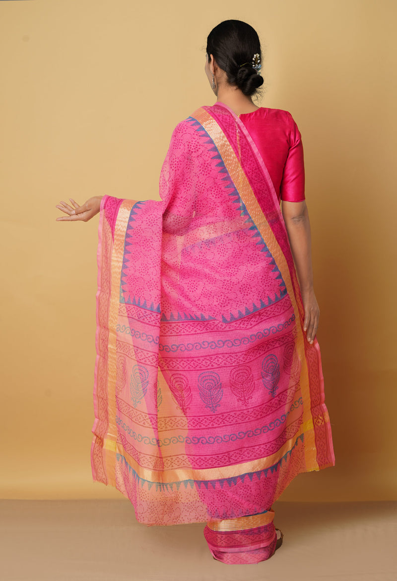Pink Pure Block Printed Kota Cotton Saree-UNM66358