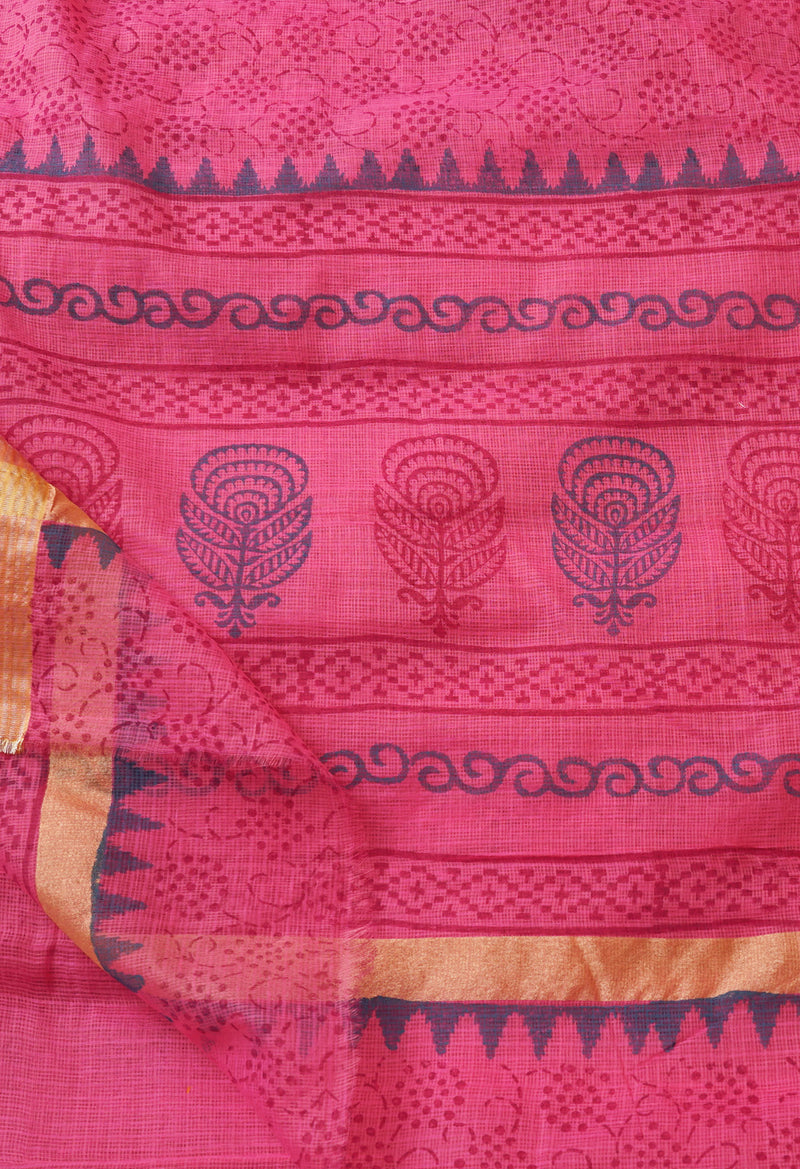 Pink Pure Block Printed Kota Cotton Saree-UNM66358