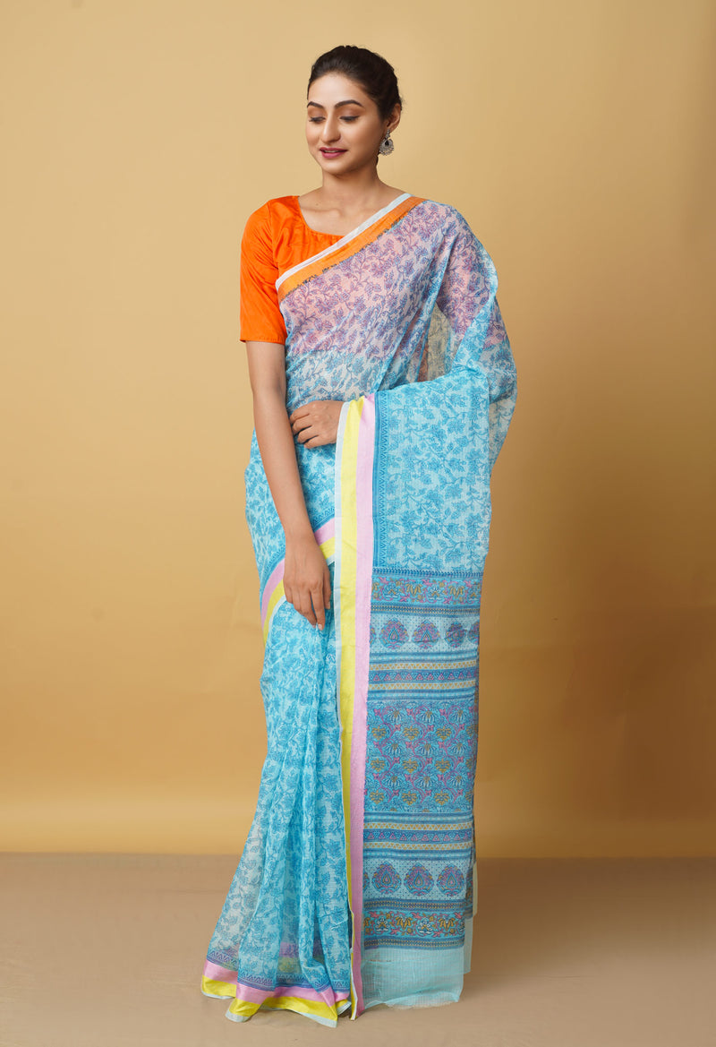 Blue Pure Block Printed Kota Cotton Saree-UNM66362