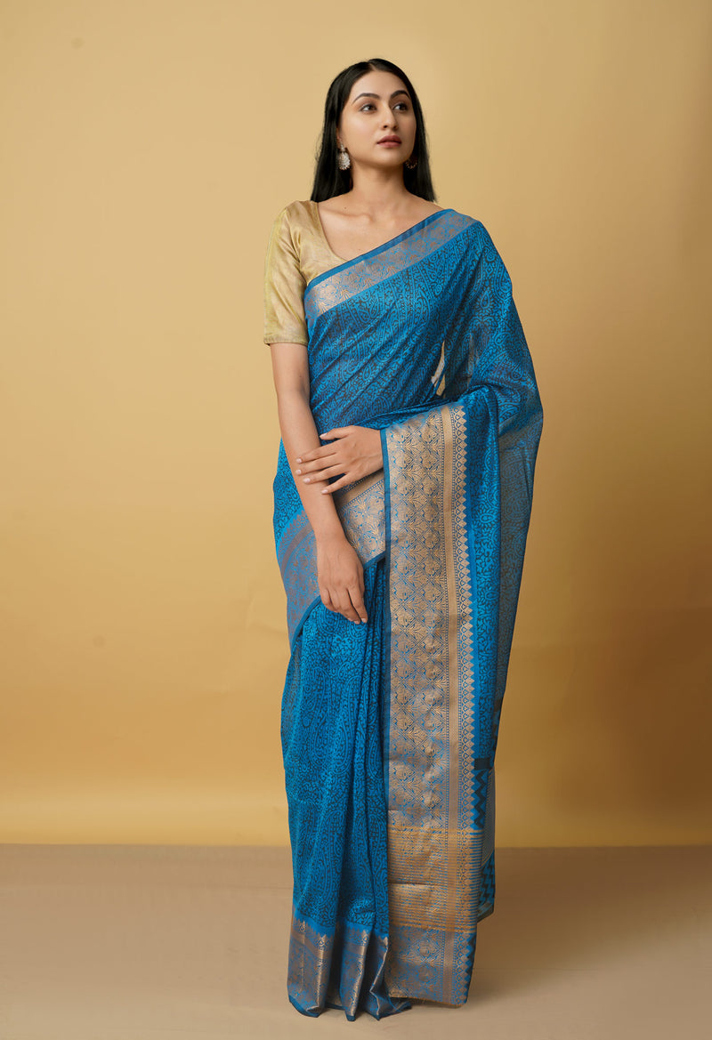 Blue  Block Printed Chanderi Sico Saree-UNM66364