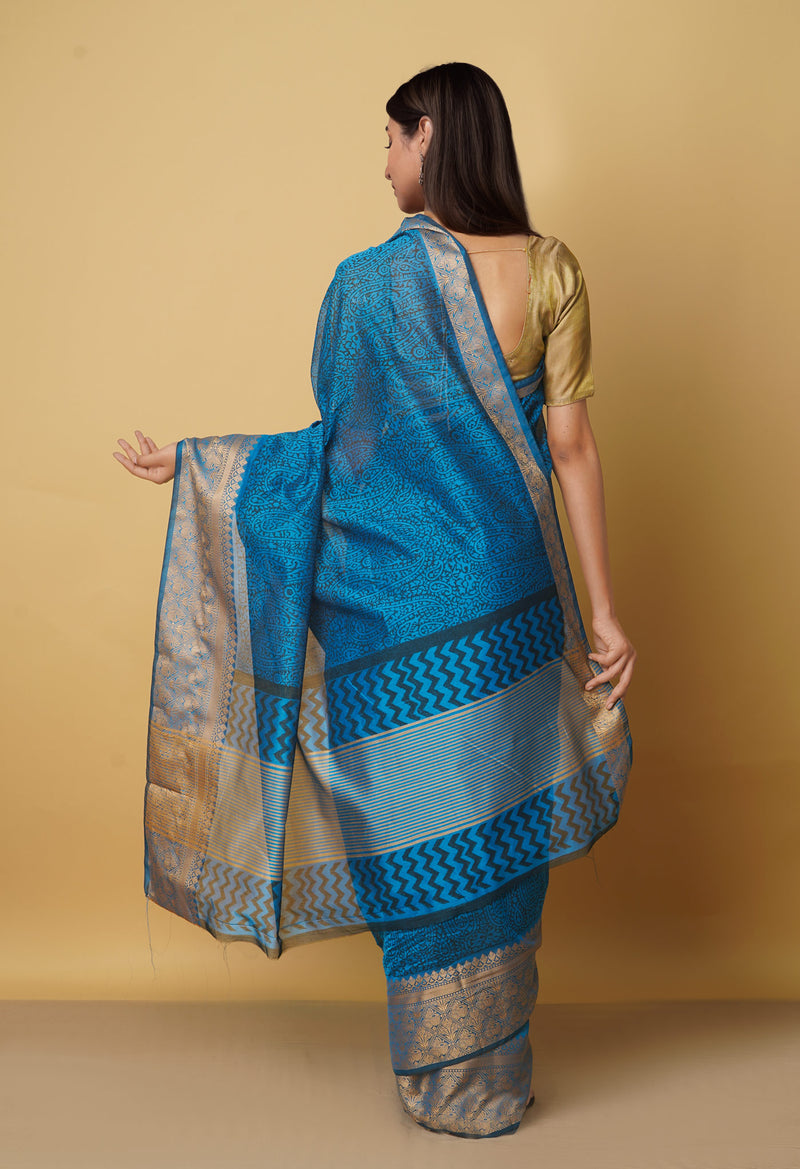 Blue  Block Printed Chanderi Sico Saree-UNM66364