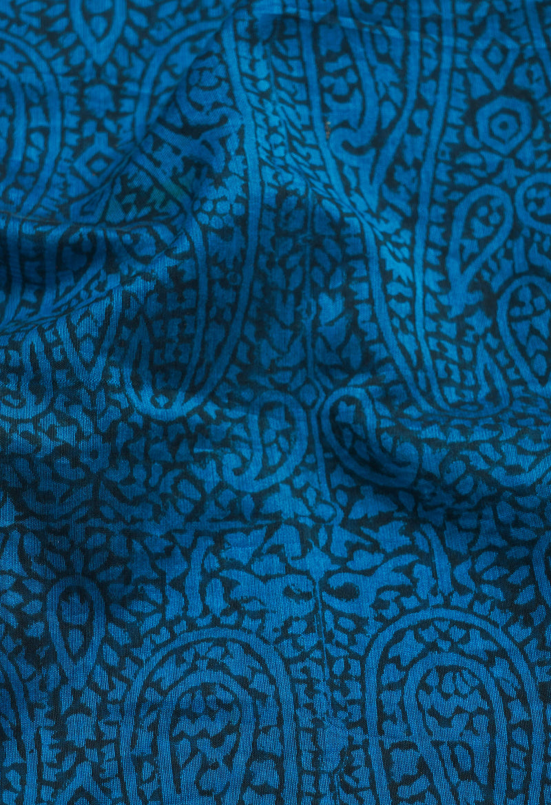 Blue  Block Printed Chanderi Sico Saree-UNM66364