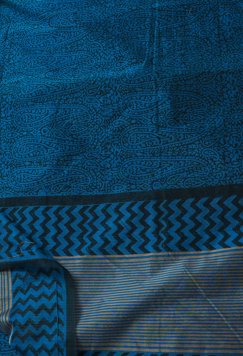 Blue  Block Printed Chanderi Sico Saree-UNM66364