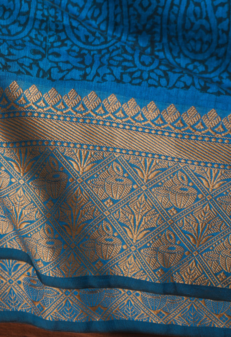 Blue  Block Printed Chanderi Sico Saree-UNM66364