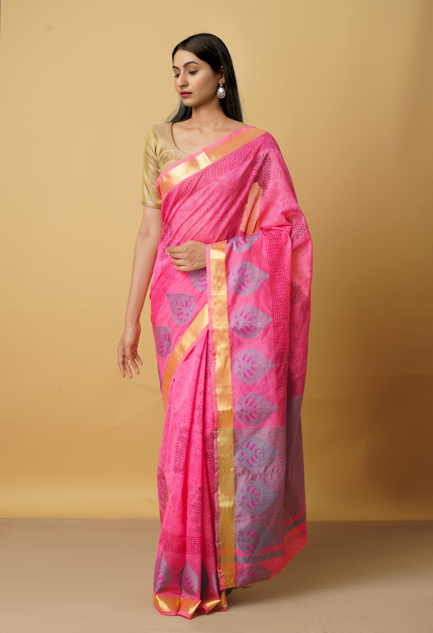 Pink  Block Printed Chanderi Sico Saree-UNM66398