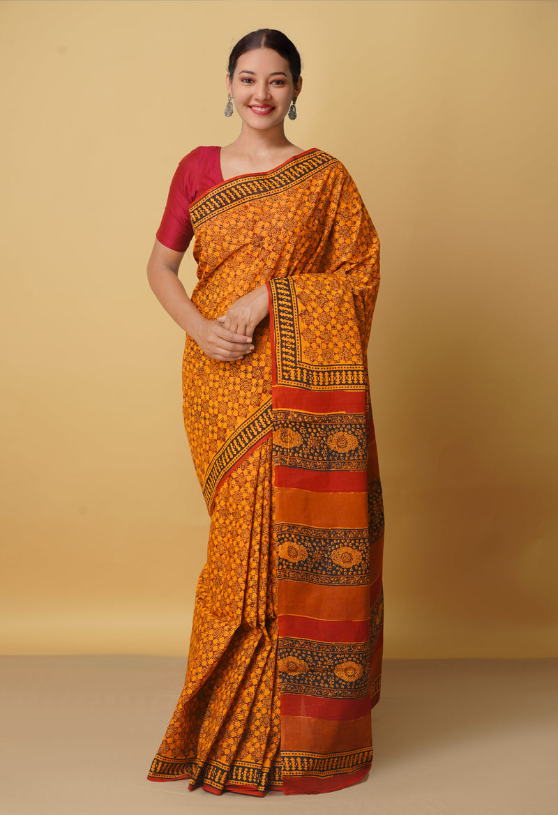Orange Pure Block Printed Mulmul Cotton Saree-UNM66403