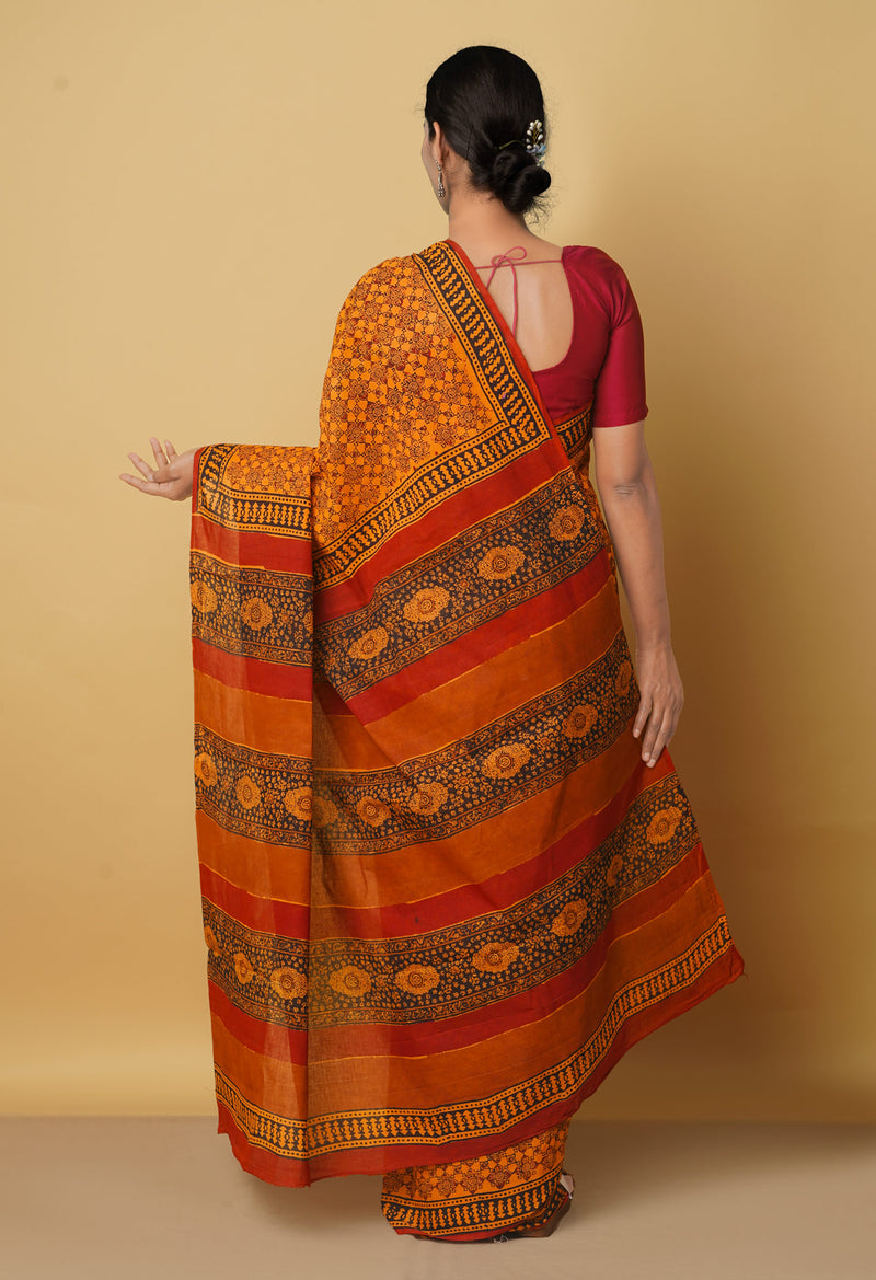 Orange Pure Block Printed Mulmul Cotton Saree-UNM66403
