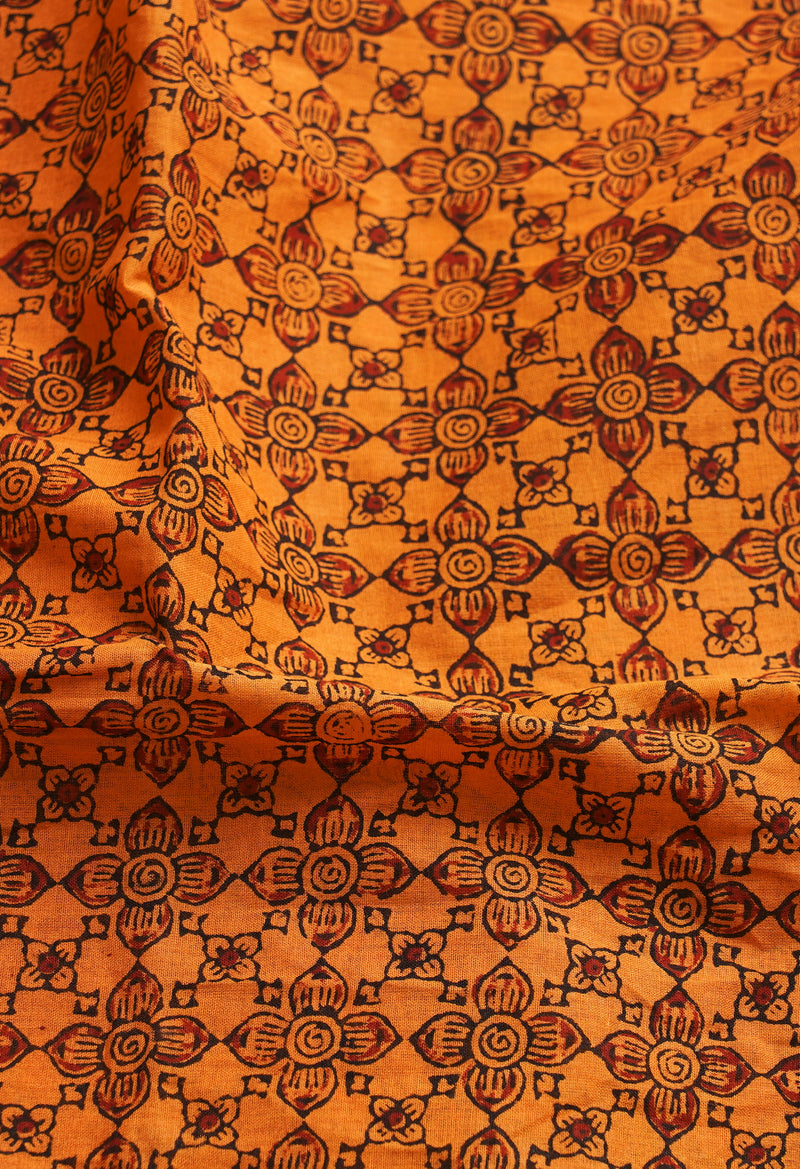Orange Pure Block Printed Mulmul Cotton Saree-UNM66403