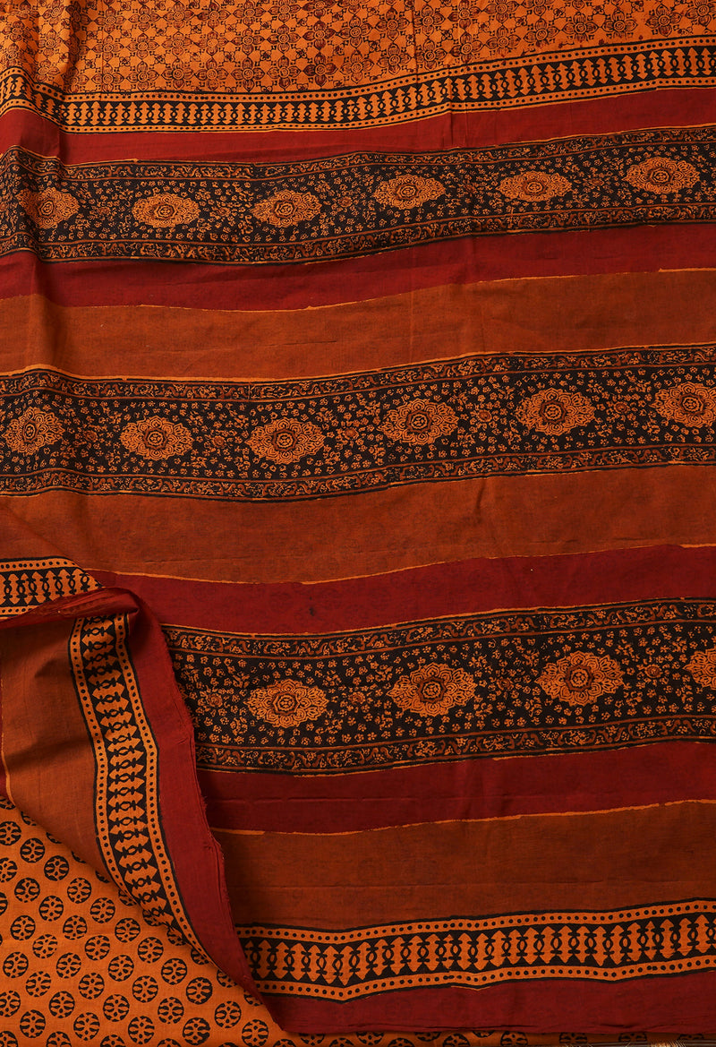 Orange Pure Block Printed Mulmul Cotton Saree-UNM66403
