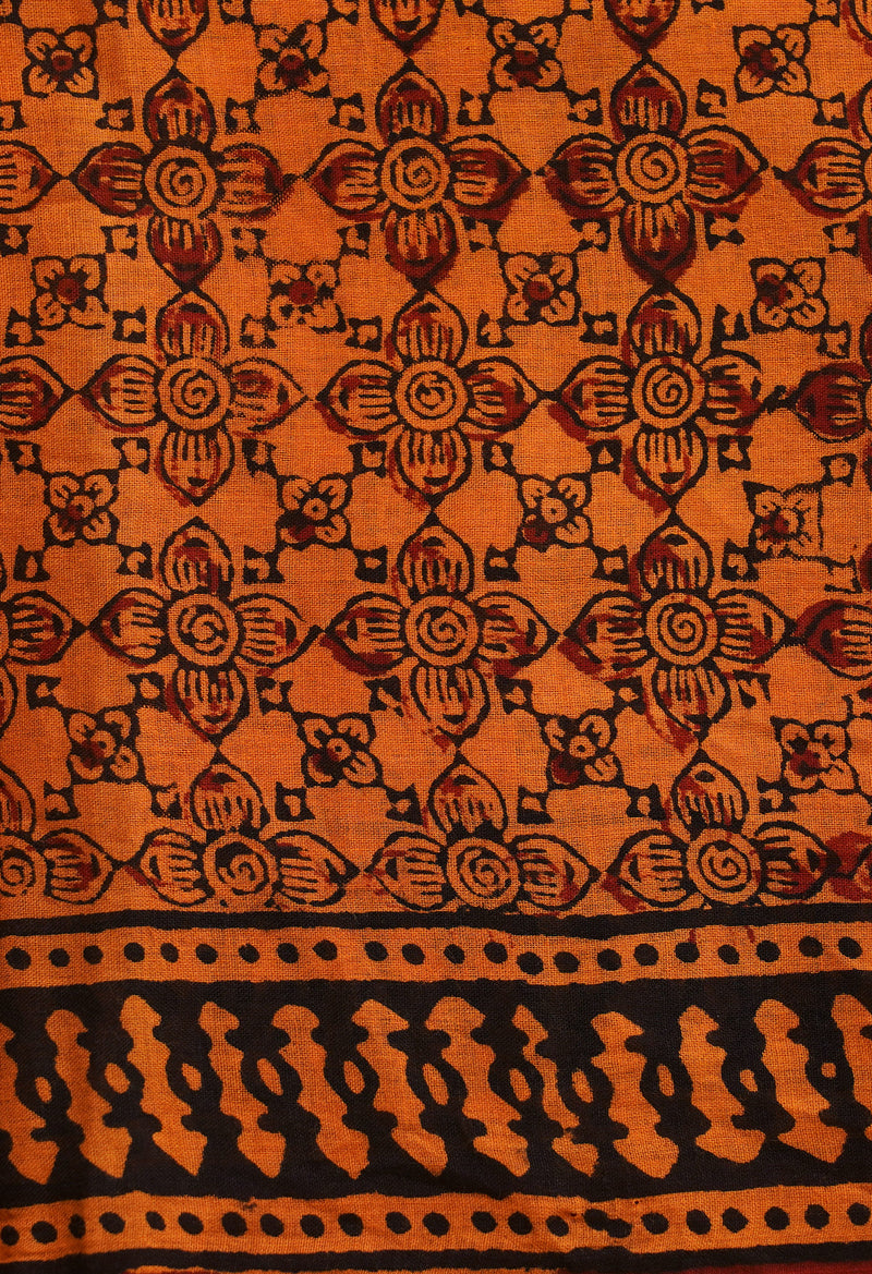 Orange Pure Block Printed Mulmul Cotton Saree-UNM66403