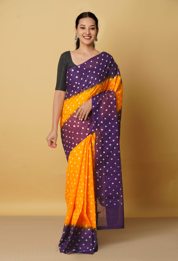 Yellow Pure Bandhani Cotton Saree-UNM66412