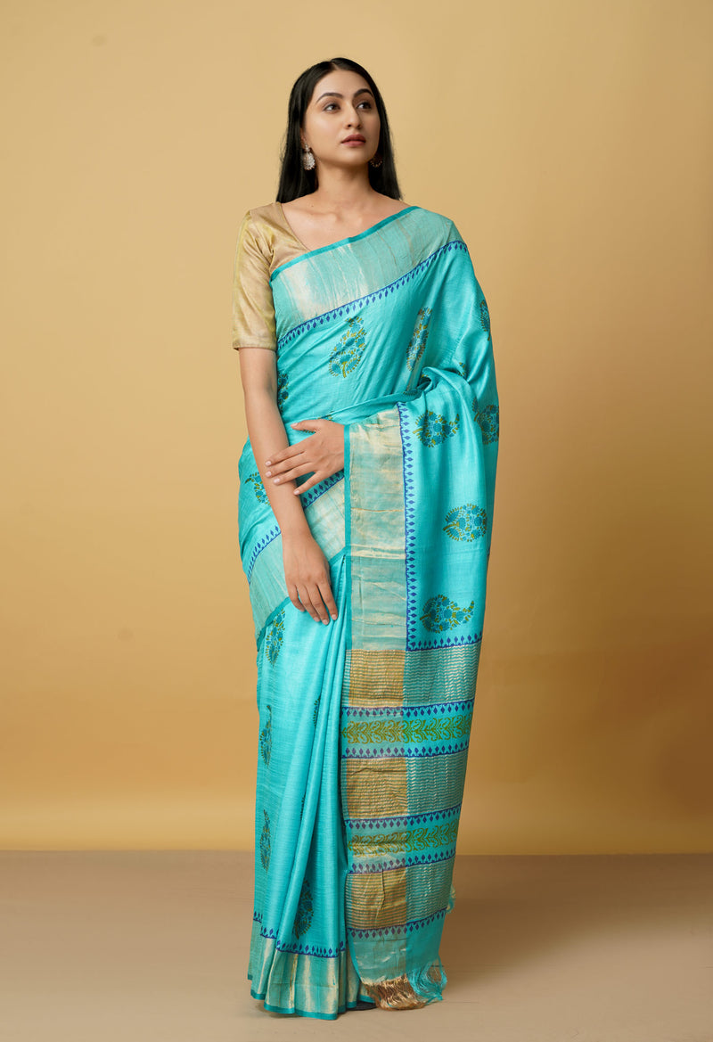 Green Pure Handloom Bengal Tussar Silk Saree-UNM66413