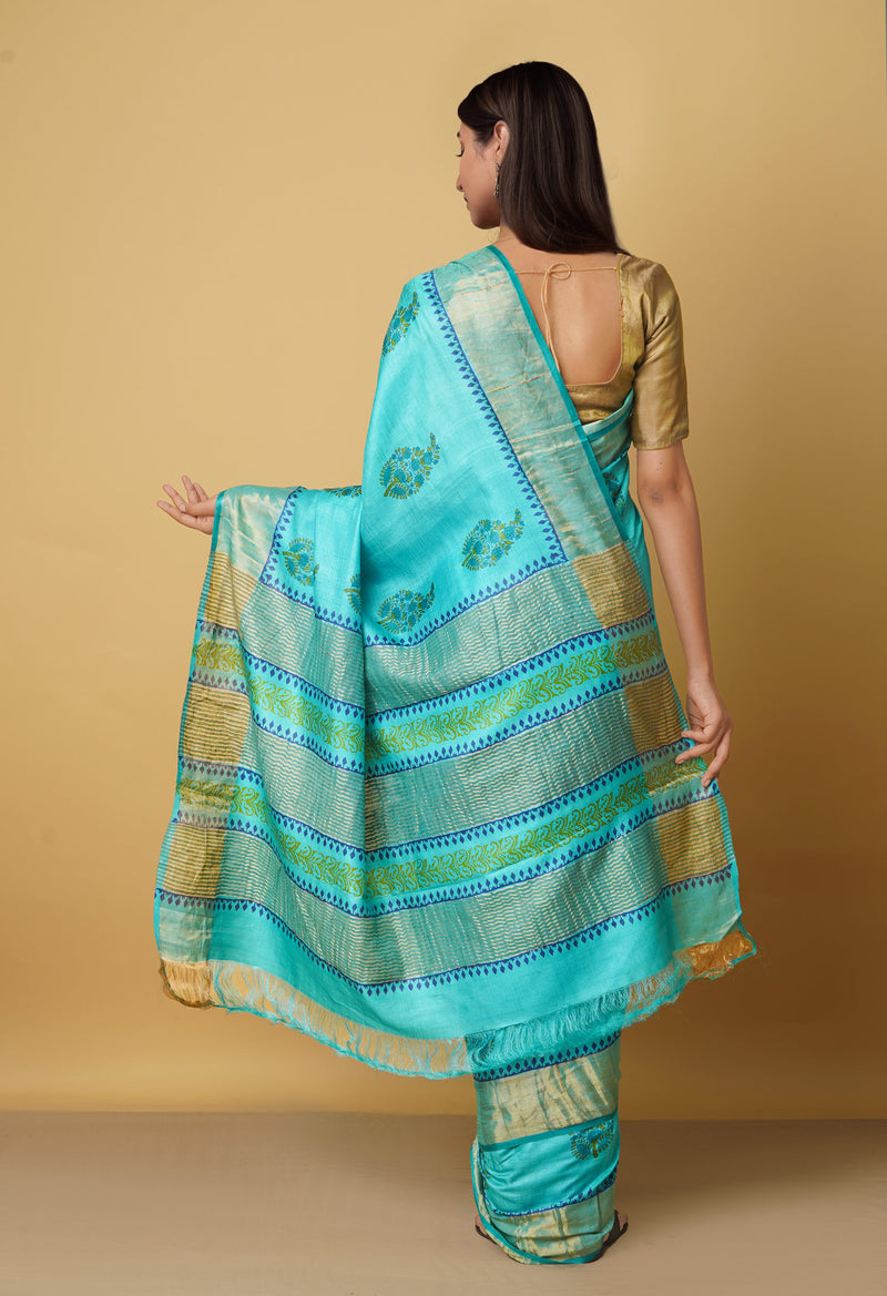 Green Pure Handloom Bengal Tussar Silk Saree-UNM66413