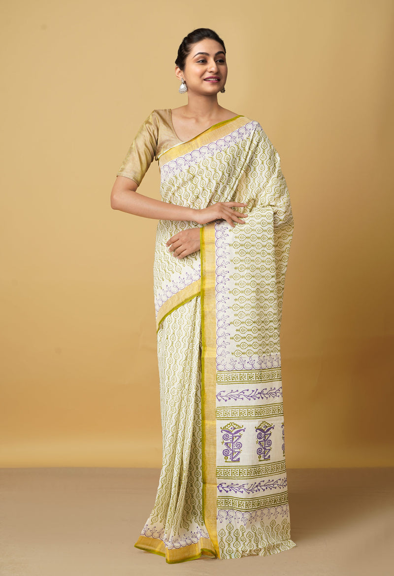 Cream Pure Hand Block Printed Kerala Cotton Saree-UNM66414