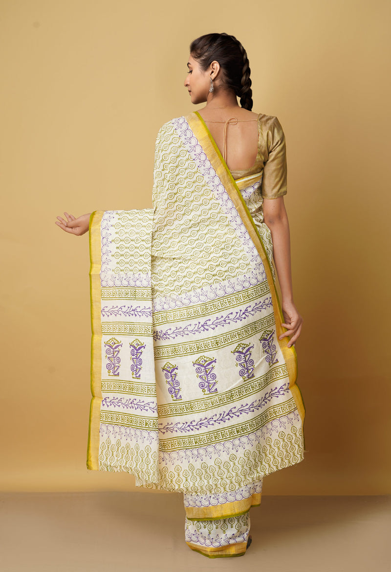 Cream Pure Hand Block Printed Kerala Cotton Saree-UNM66414