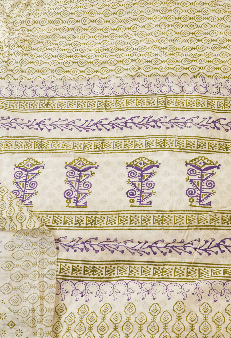 Cream Pure Hand Block Printed Kerala Cotton Saree-UNM66414