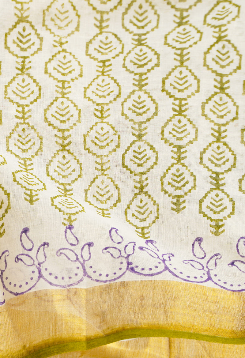 Cream Pure Hand Block Printed Kerala Cotton Saree-UNM66414