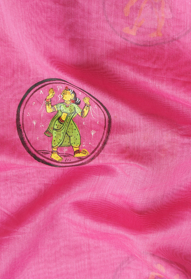 Pink Pure Pattachitra Painted Madhubani Sico Saree-UNM66415