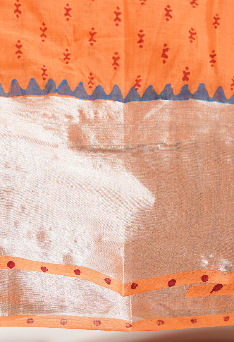 Orange Pure Block Printed Chettinad Cotton Saree-UNM66418