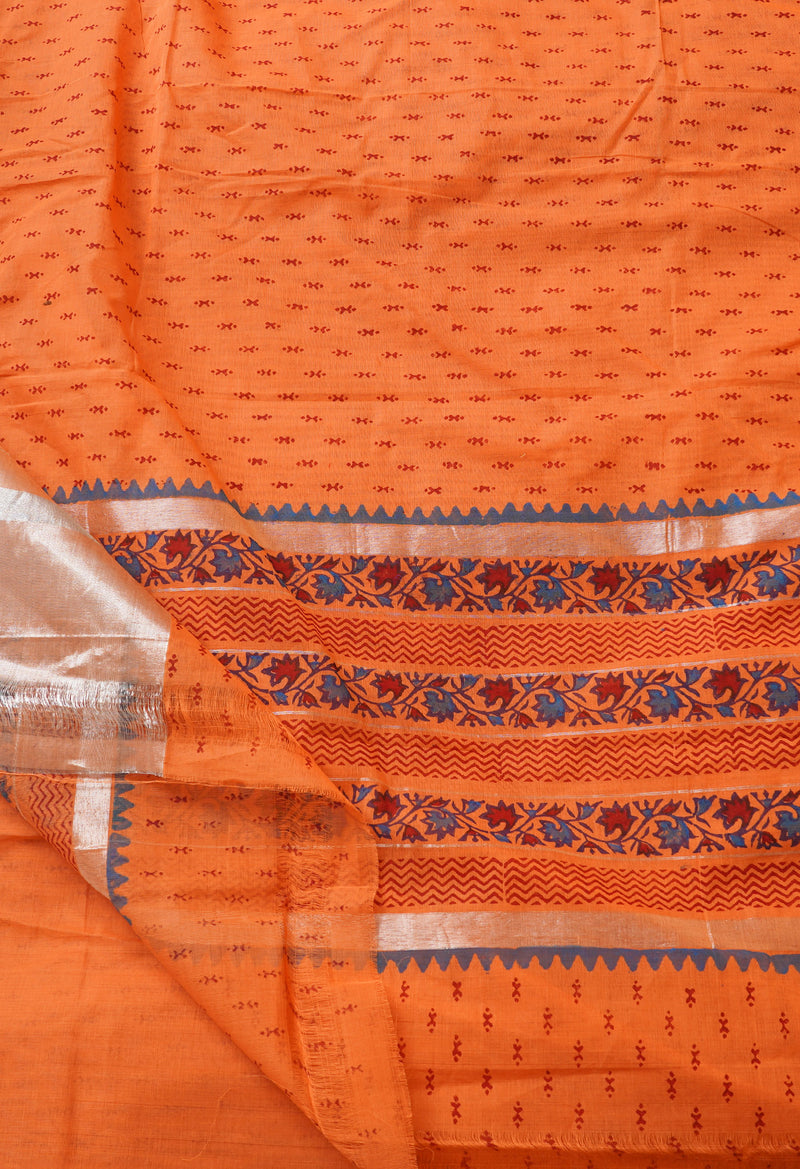 Orange Pure Block Printed Chettinad Cotton Saree-UNM66418