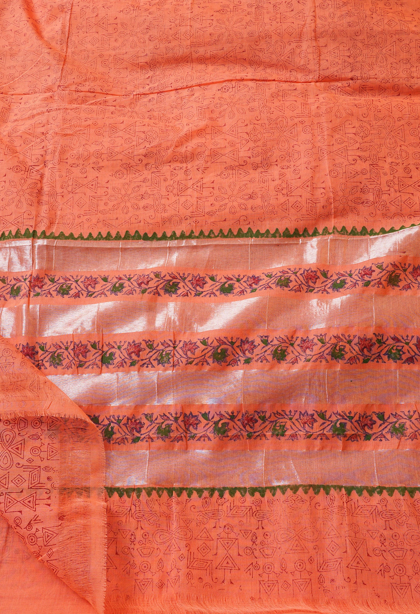 Orange Pure Block Printed Chettinad Cotton Saree-UNM66419