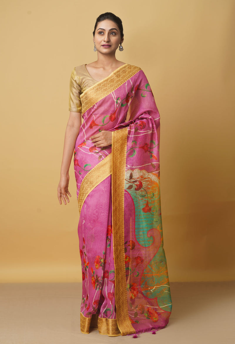 Baby Pink Pure Screen Printed Banarasi Organza Sico Saree-UNM66425