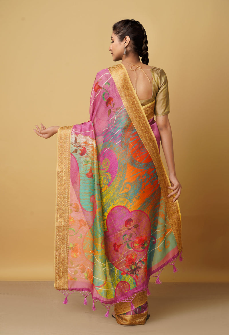 Baby Pink Pure Screen Printed Banarasi Organza Sico Saree-UNM66425