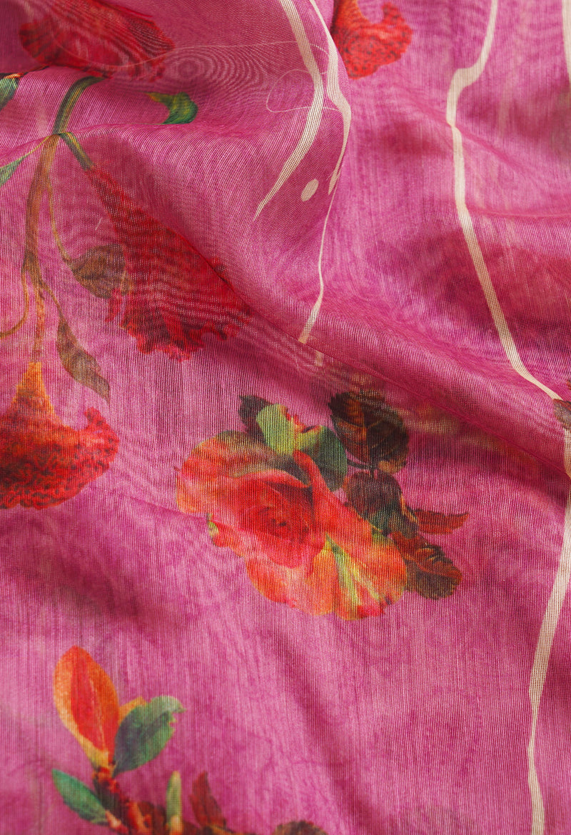Baby Pink Pure Screen Printed Banarasi Organza Sico Saree-UNM66425