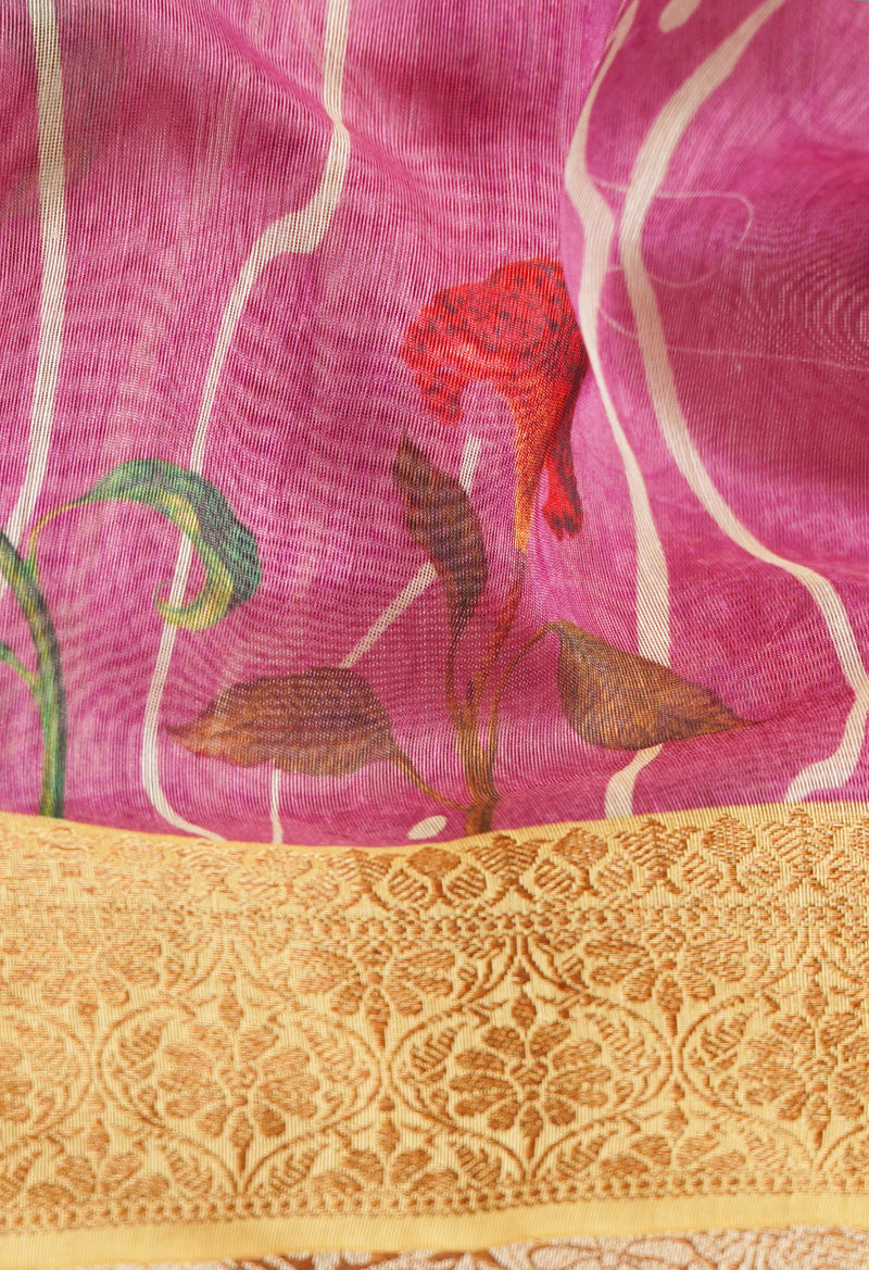 Baby Pink Pure Screen Printed Banarasi Organza Sico Saree-UNM66425