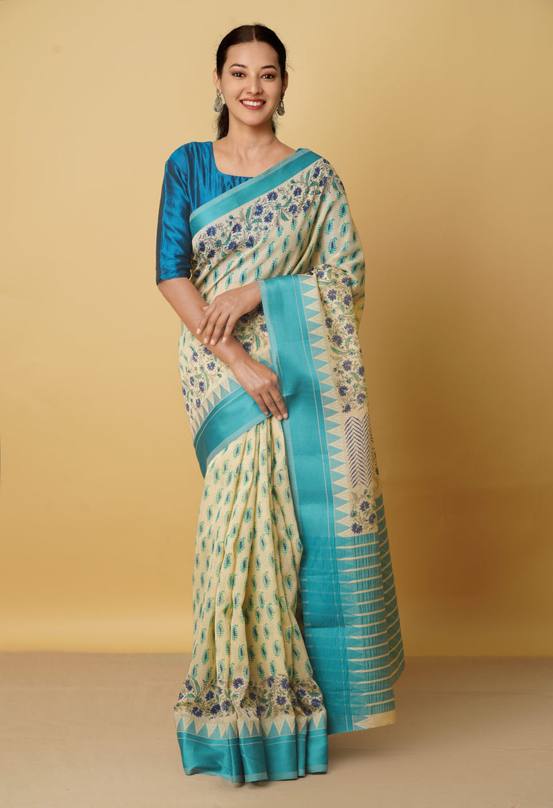 Cream  Screen Printed Chanderi Sico Saree-UNM66438