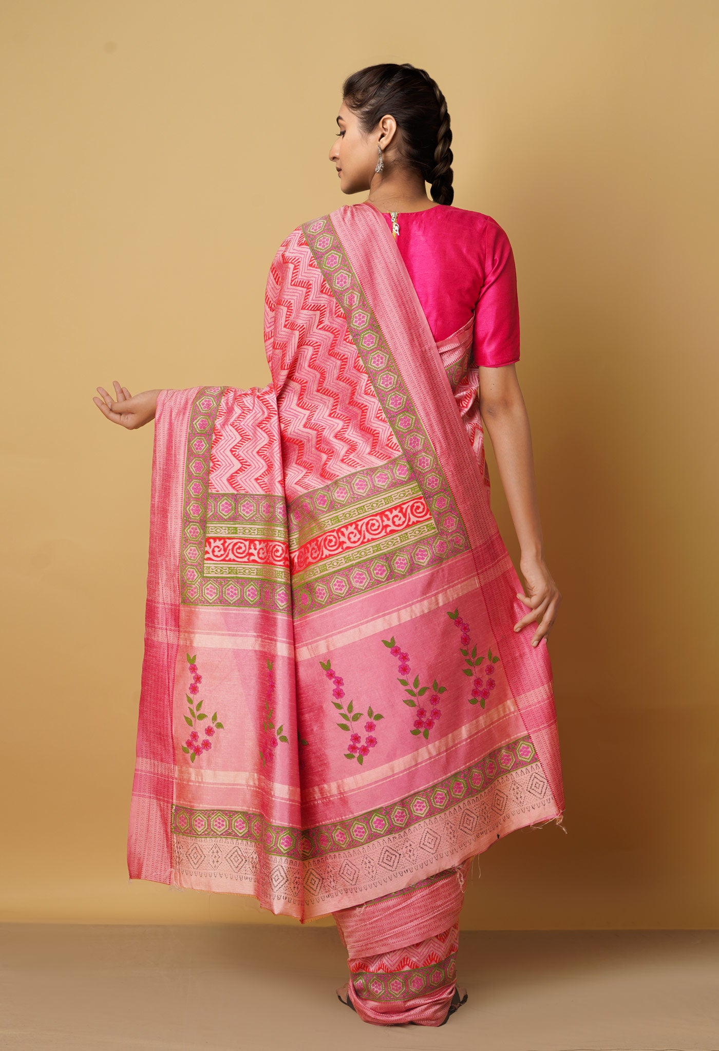 Pink  Block Printed Mysore Silk Saree-UNM66439