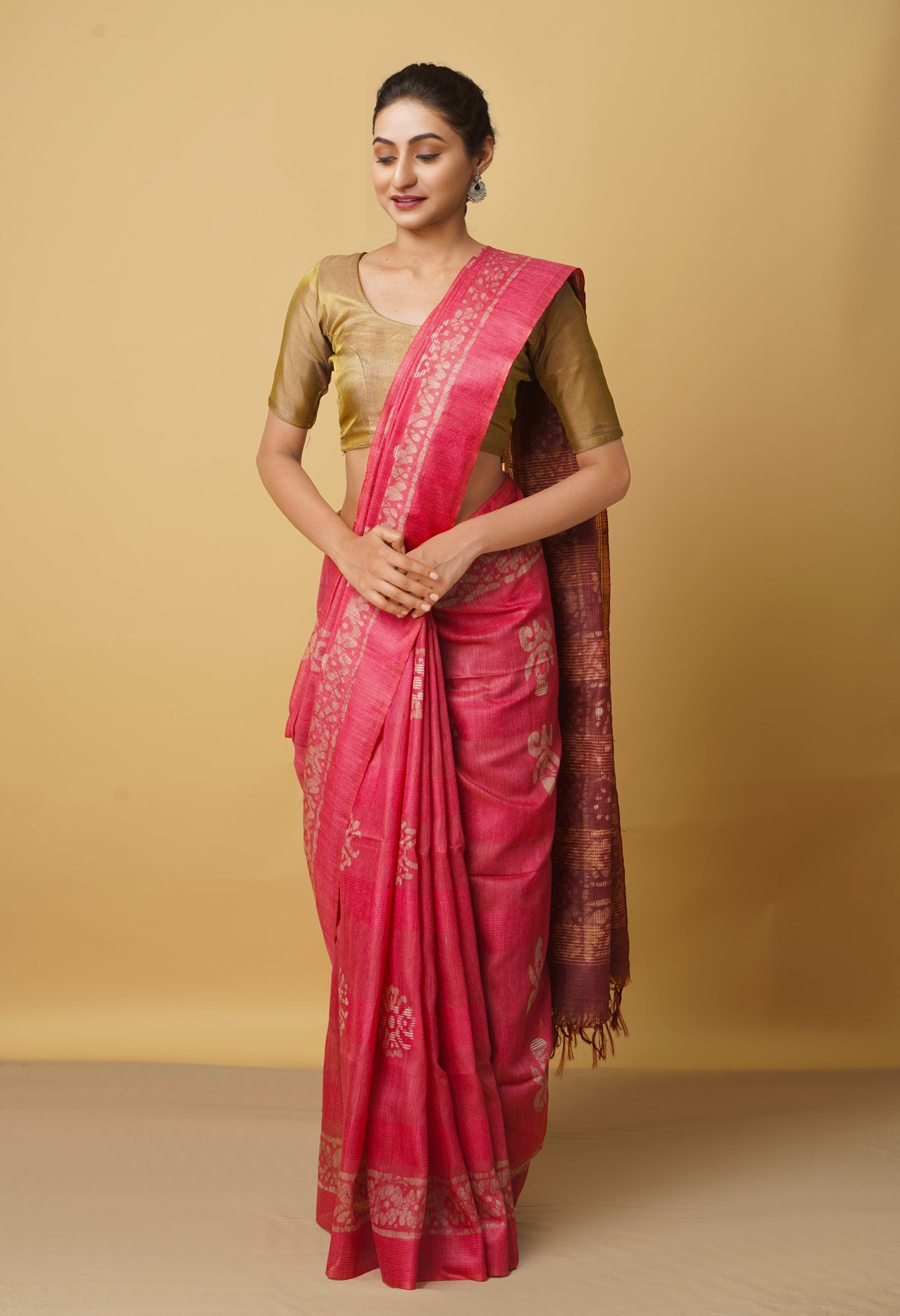 Pink-Brown Pure Batik Bhagalpuri Sico Saree-UNM66500