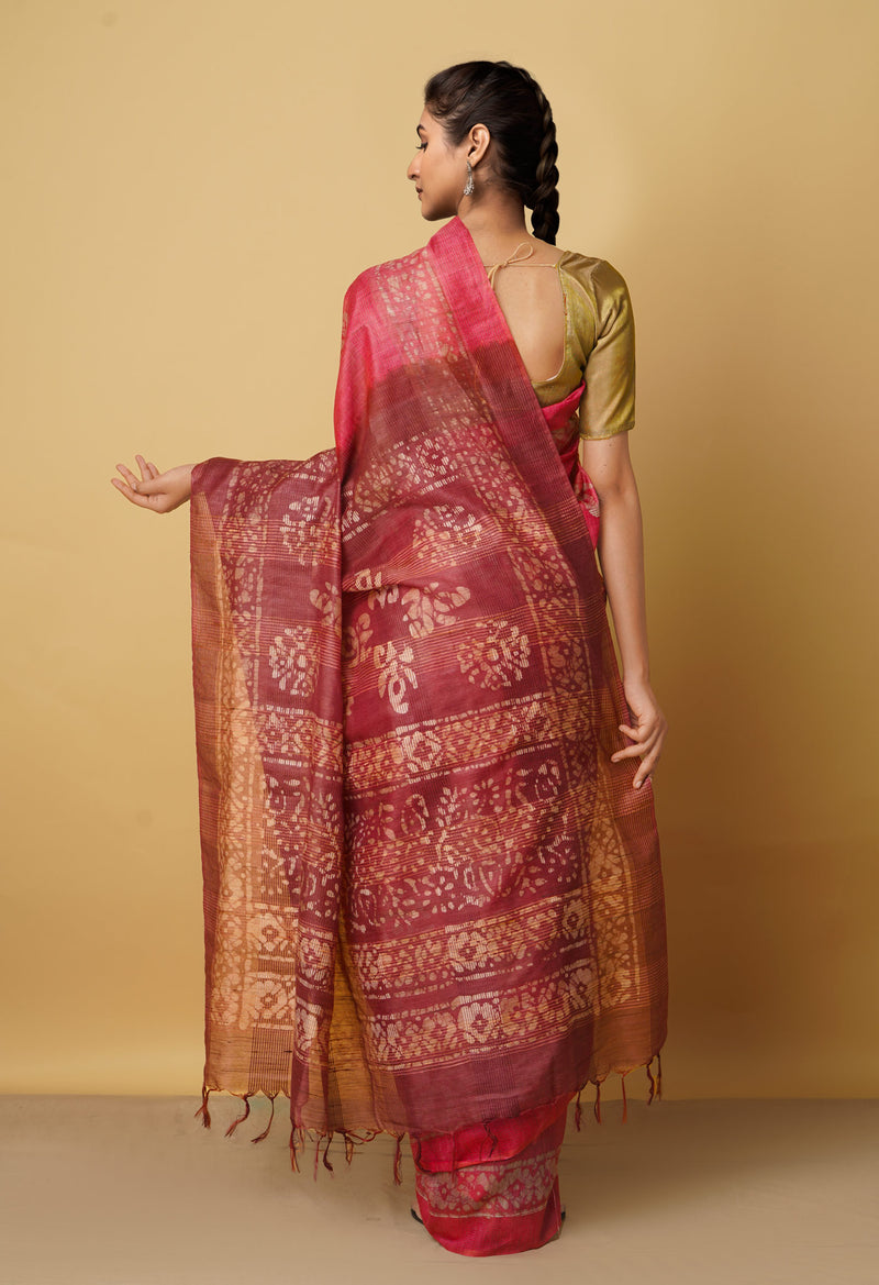 Pink-Brown Pure Batik Bhagalpuri Sico Saree-UNM66500