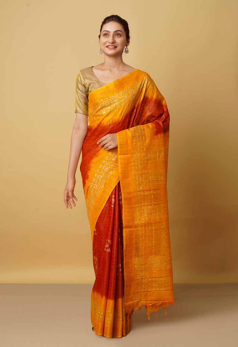 Maroon-Orange Pure Batik Bhagalpuri Sico Saree-UNM66504