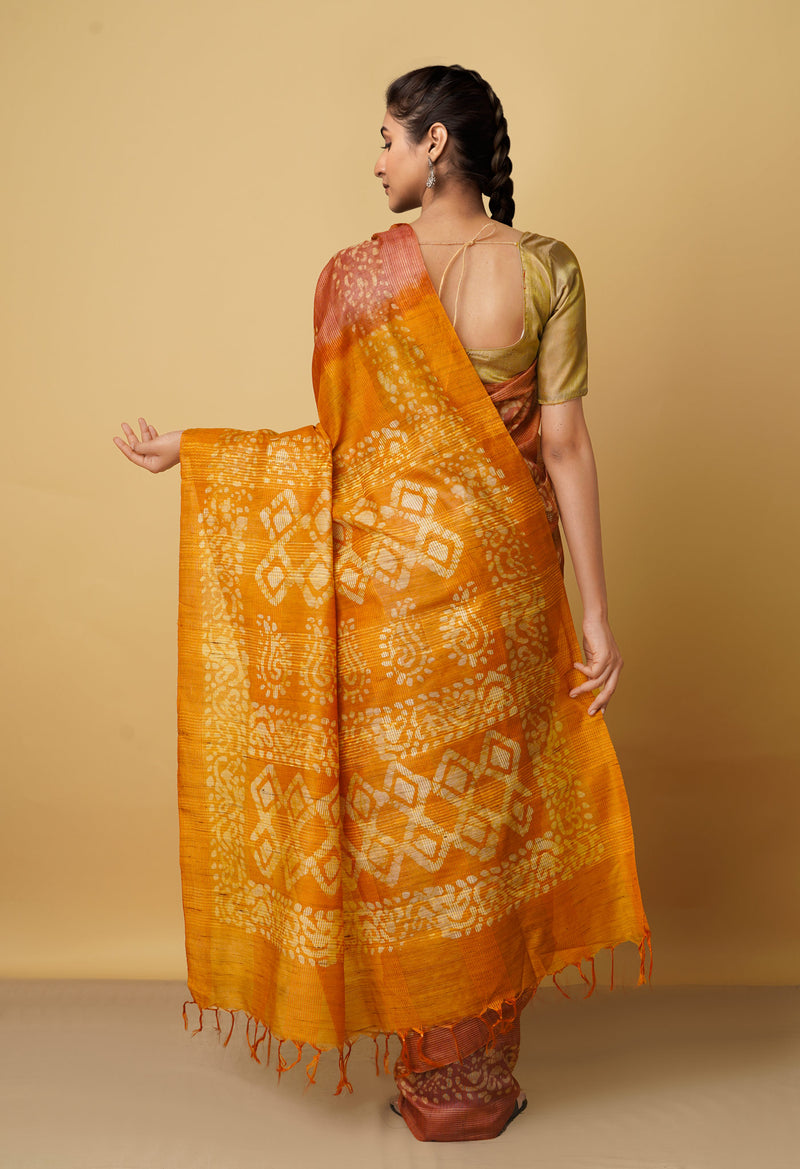 Brown-Orange Pure Batik Bhagalpuri Sico Saree-UNM66506