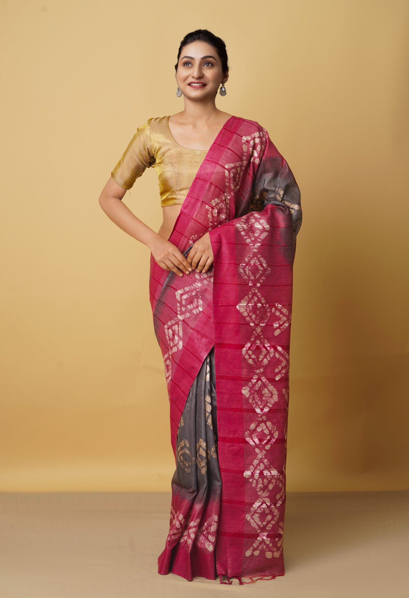 Grey-Pink Pure Batik Bhagalpuri Sico Saree-UNM66513