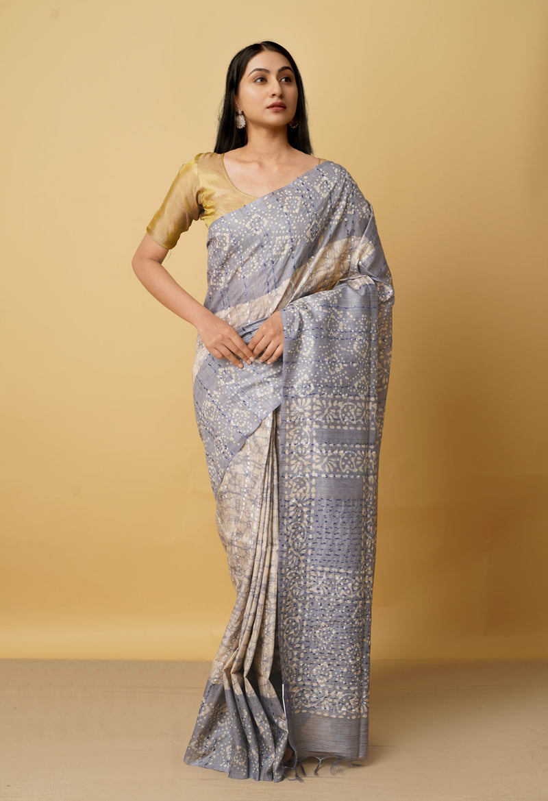 Grey Pure Batik Bhagalpuri Sico Saree-UNM66518