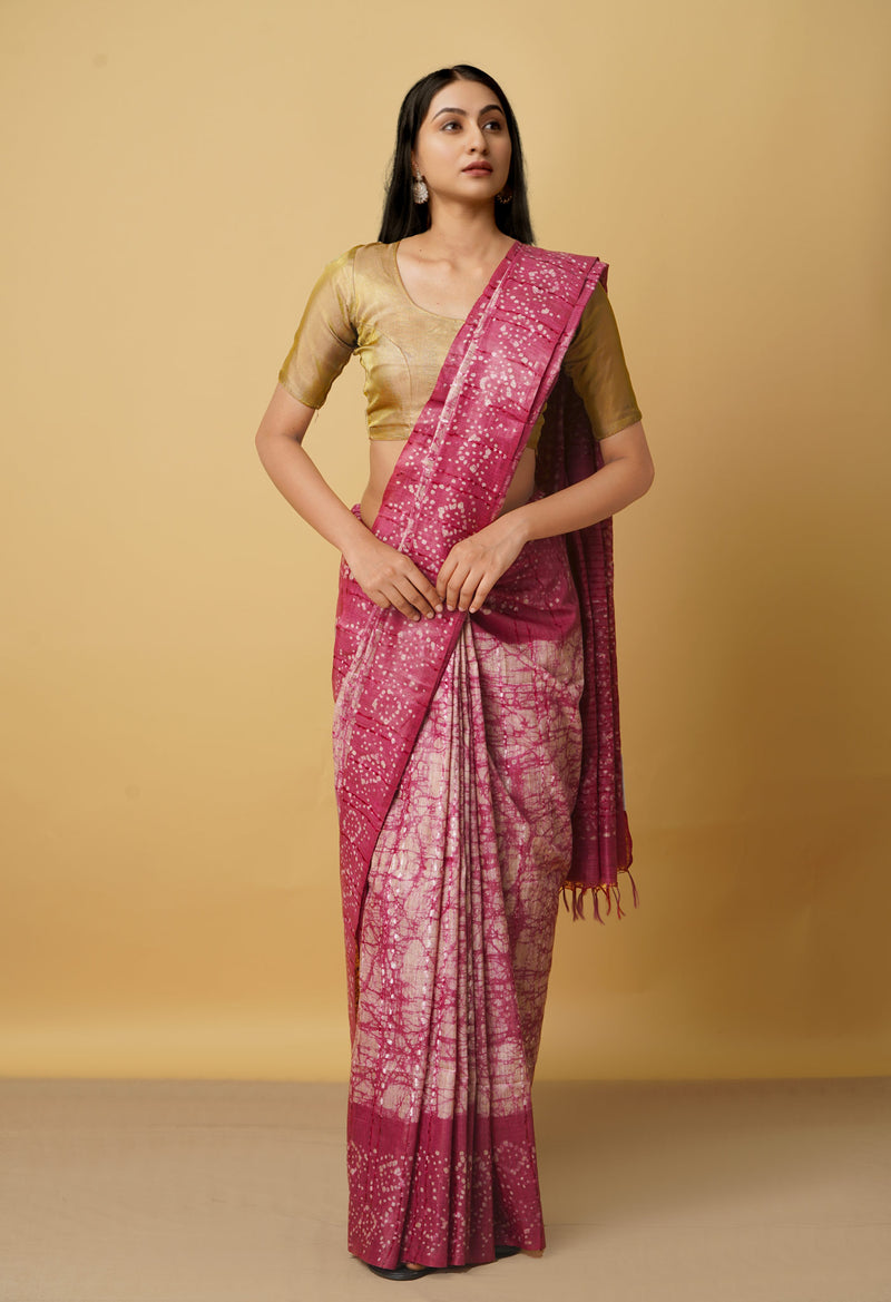 Cream-Pink Pure Batik Bhagalpuri Sico Saree-UNM66522