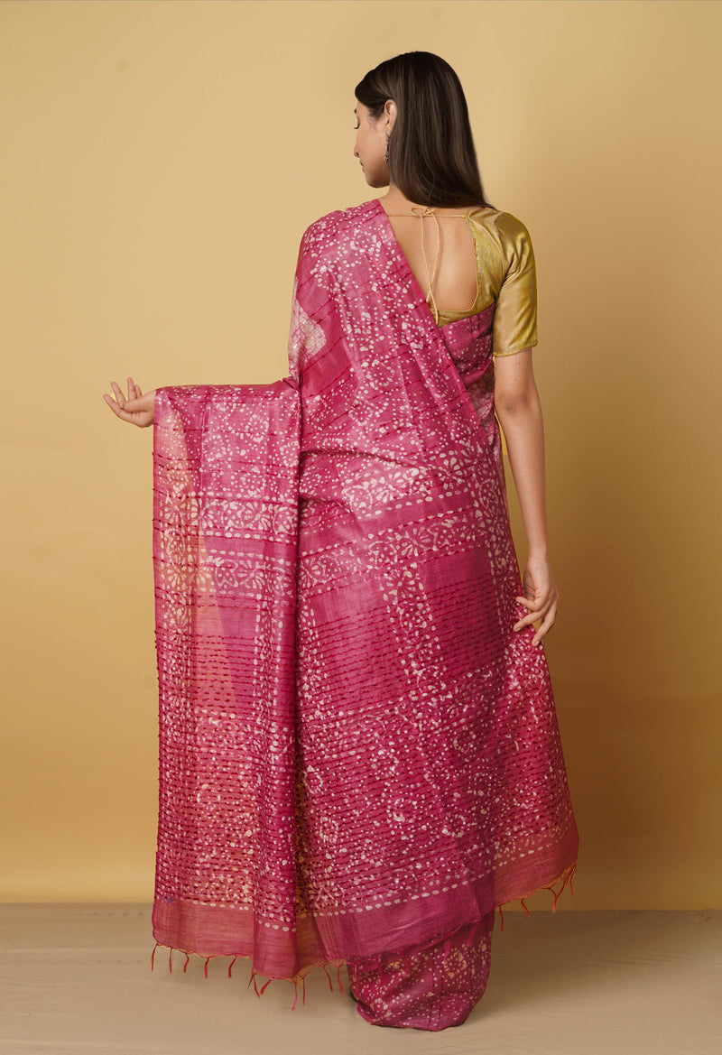 Cream-Pink Pure Batik Bhagalpuri Sico Saree-UNM66522