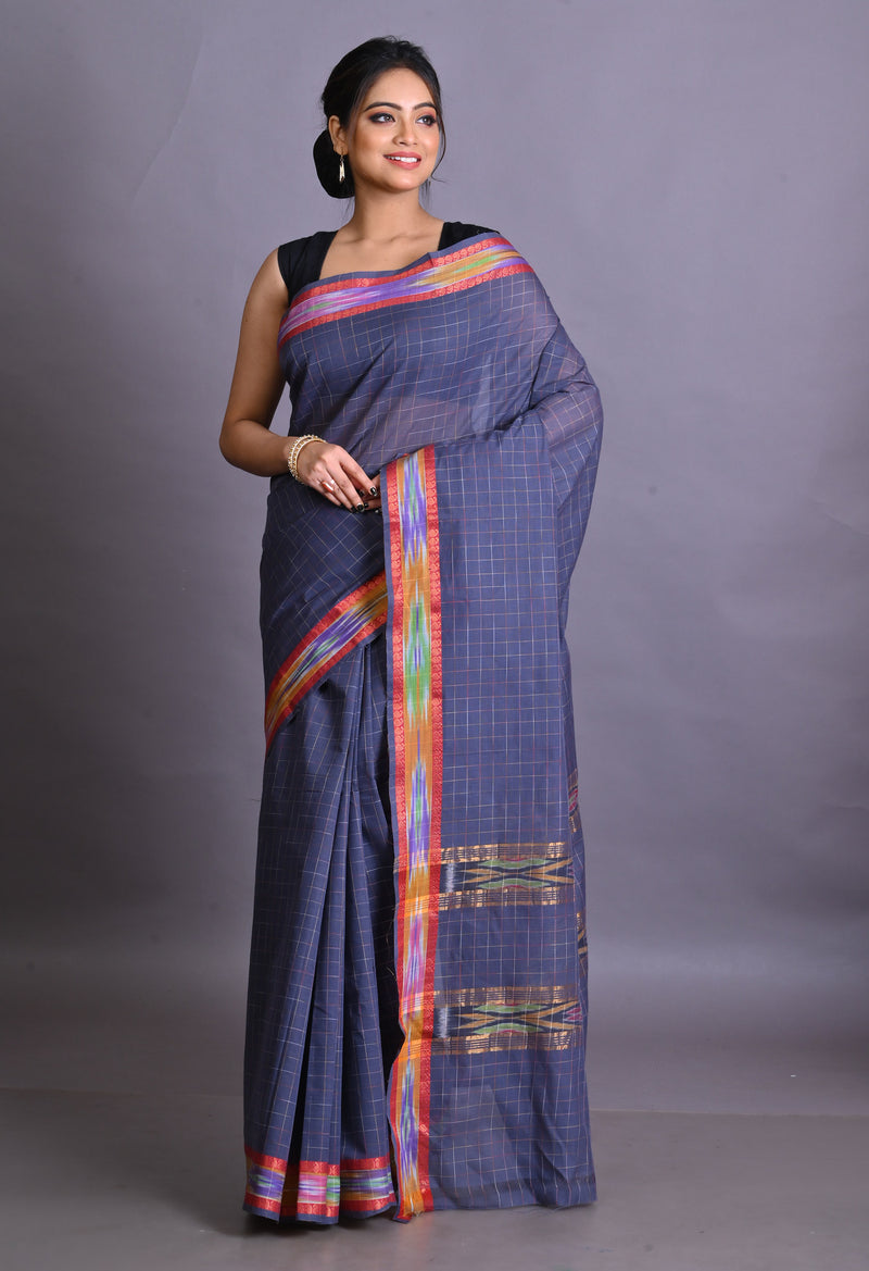 Navy Blue Pure Mangalgiri Cotton Saree-UNM66534