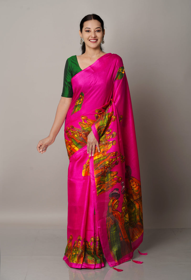 Pink  Fancy Block Printed Art Silk Saree-UNM66692