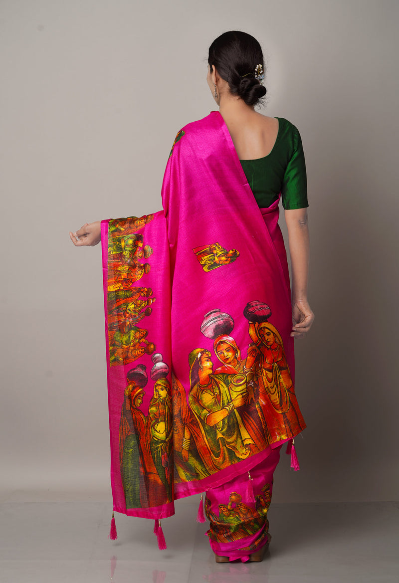 Pink  Fancy Block Printed Art Silk Saree-UNM66692