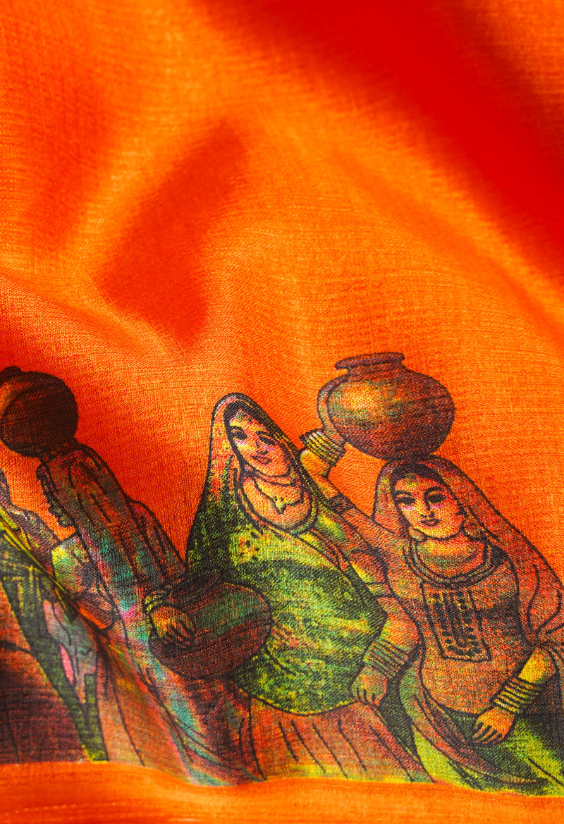 Orange  Fancy Block Printed Art Silk Saree-UNM66693