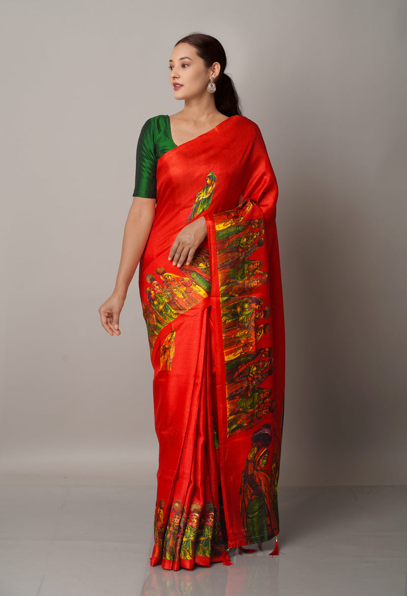 Red  Fancy Block Printed Art Silk Saree-UNM66696