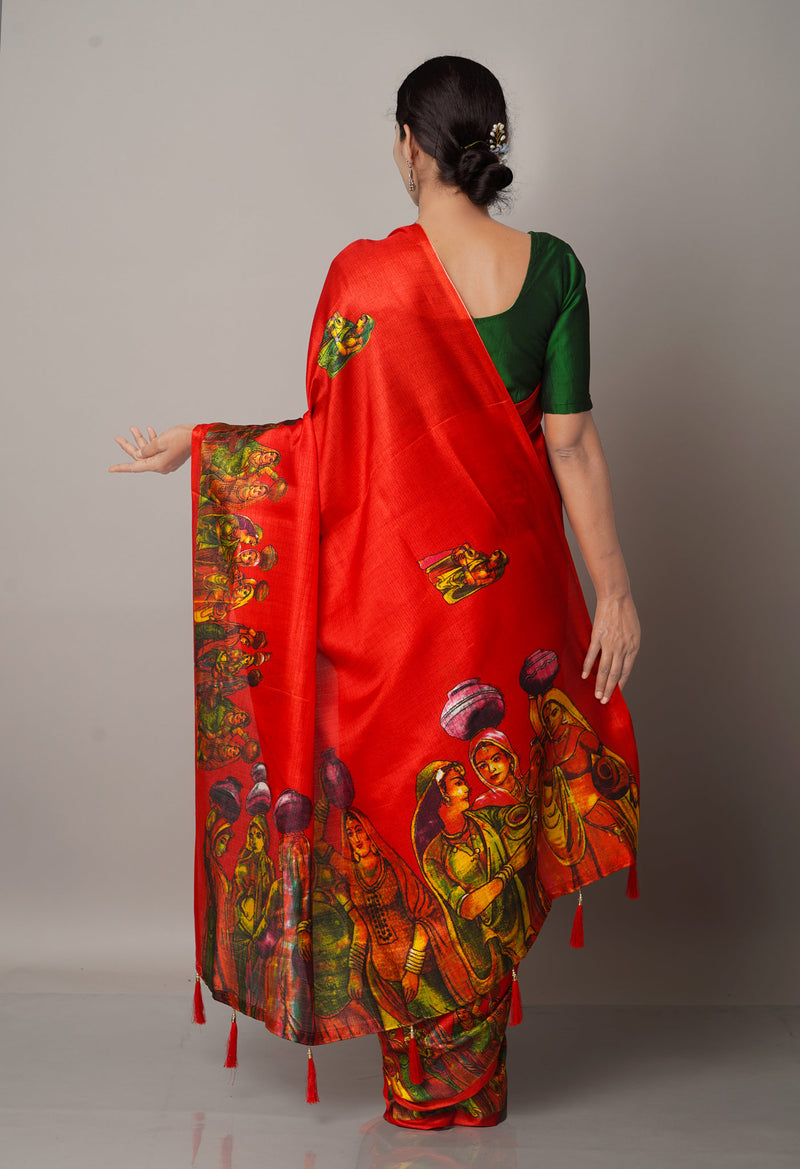 Red  Fancy Block Printed Art Silk Saree-UNM66696