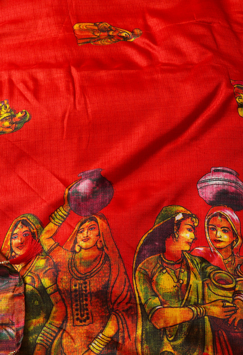 Red  Fancy Block Printed Art Silk Saree-UNM66696